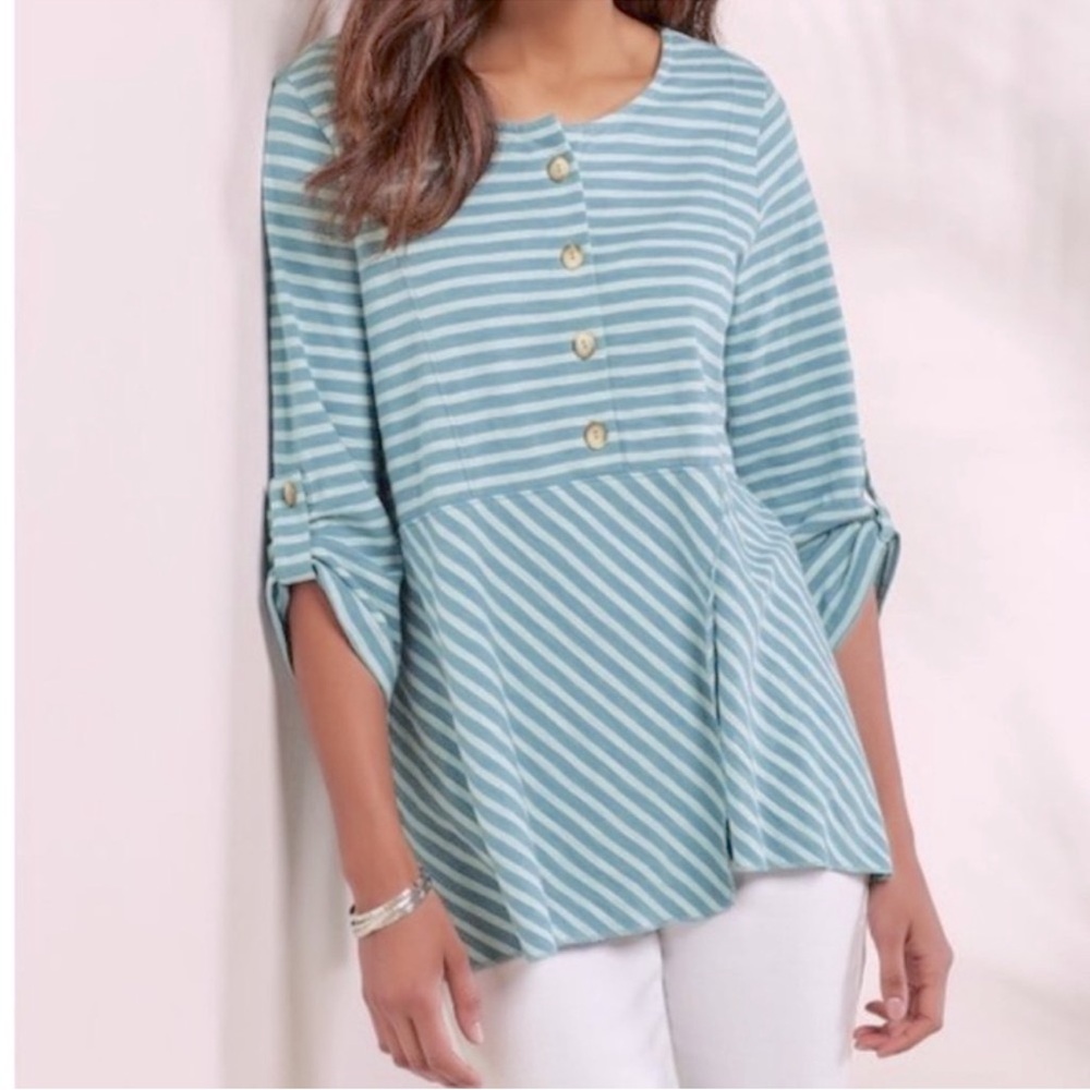 Soft Surroundings Preston Stripe Top Size XS Roll Tab Sleeves Wrap Peplum